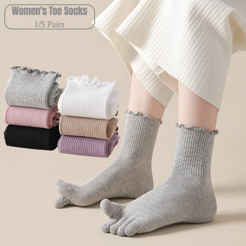 Toe Sock Split - 1/5足組 女性用 5本指ソックス、フリル付き、柔らかいリブ編みのコットン素材、つま先が分かれたデザイン、ヨガ用、通気性に優れたカジュアルなルームソックス。